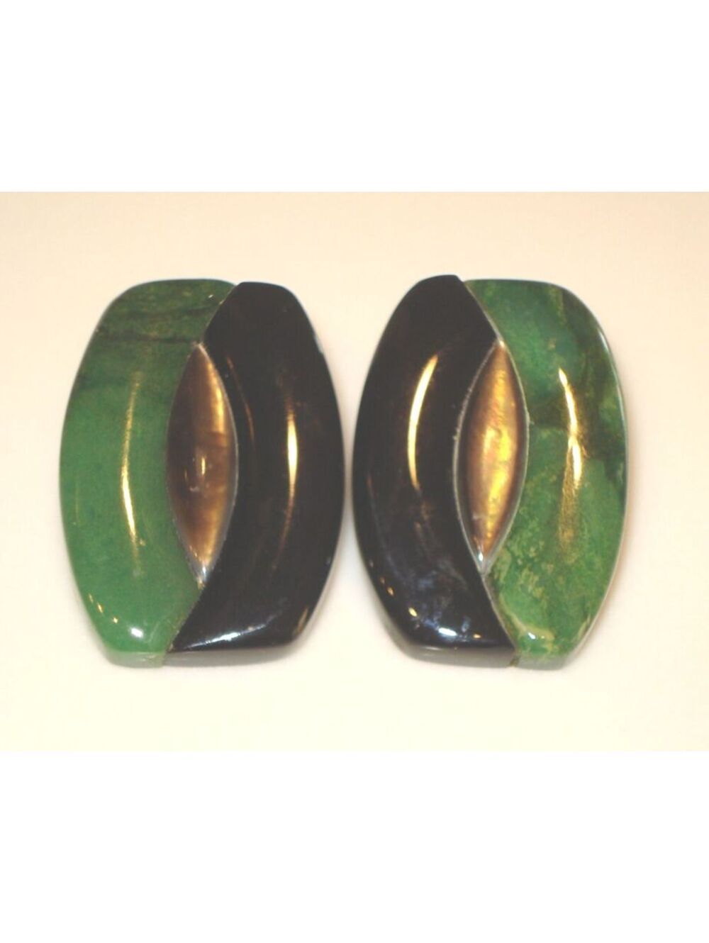 Vintage Green Jade and Dynamic Black Black Clip On Earrings - Read description